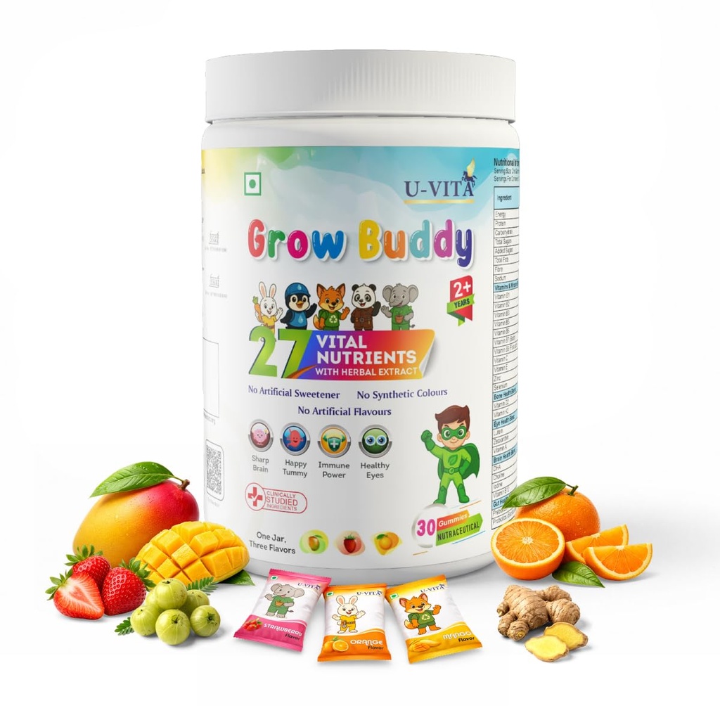 U-VITA Grow Buddy Multivitamin Gummies for Kids (2+ Years) | No Added Sugar | 27 Essential Vitamins, Minerals & Pure herbal extracts | 3 Flavours – Mango, Strawberry & Orange | 30 Gummies | Made in India and Formulated in the UK