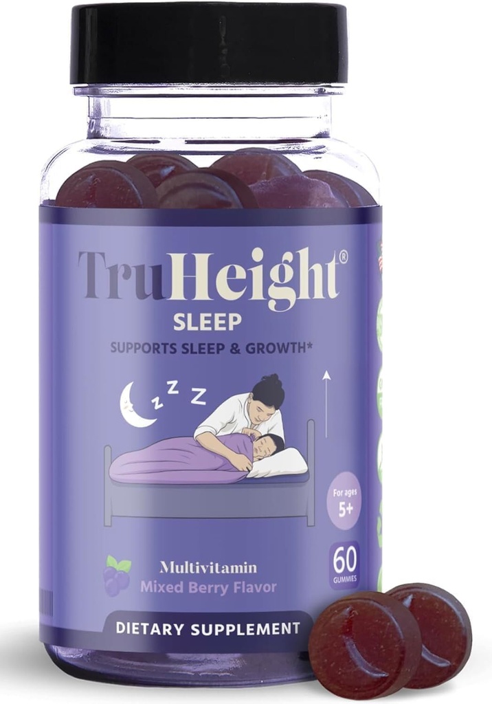 Gummies de sommeil TruHeight - Enfants et adolescents Aide naturelle au sommeil pour une croissance maximale - Pédiatrique Recommandé - Enfants Melatonin Gummy - Melatonin, Ashwagandha, L Theanine, Lemon Baume, Ages 4+, Mixed Berry Flavor