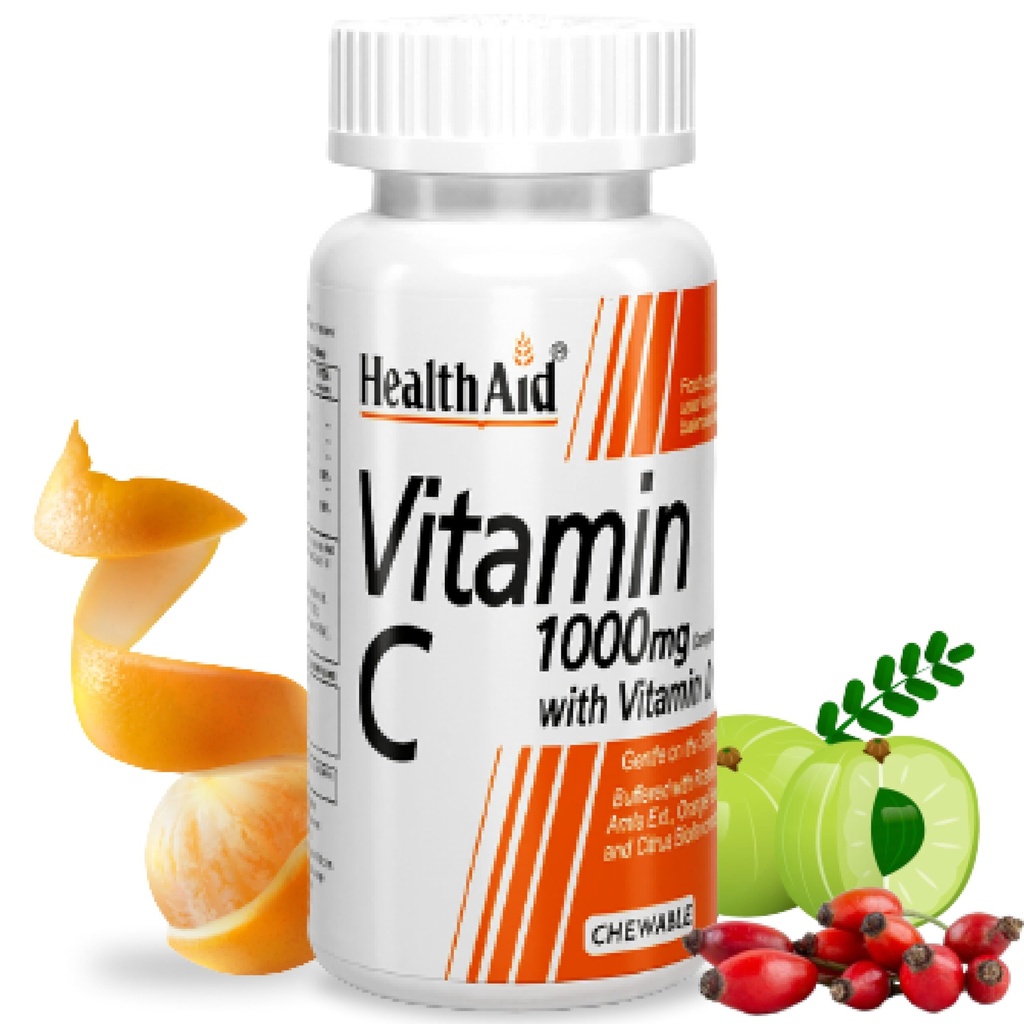 HealthAid Vitamin C Complex + Vitamin D – 60 Chewable Veg Tablets | With Rosehip, Amla & Citrus Extracts | Supports Immune, Antioxidant & Skin Health