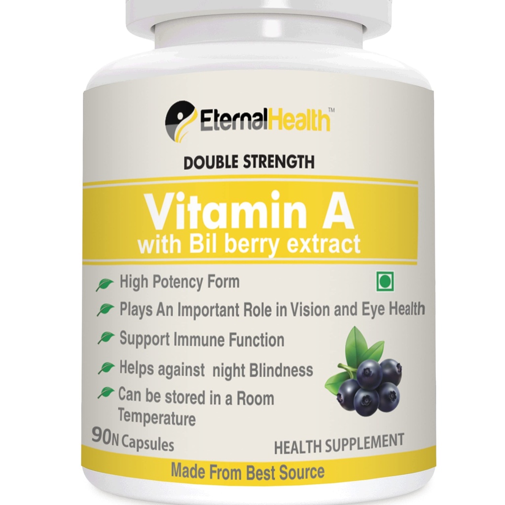 EternalHealth Vitamin A (Double Strength) with Bilberry Extracts and Retinyl palmitate Extracts- High Potency Form - Supports Healthy Vision & Immune System and Healthy Growth – 90 Veg Capsules