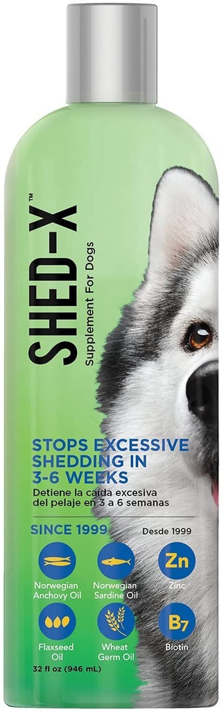 Supplément de chien liquide Shed-X, 32oz – 100% naturel – aide le chien Shedding, huile de poisson pour chiens soutient la peau et le manteau, huile de chien pour les aliments avec les acides gras essentiels, les vitamines, et minéraux
