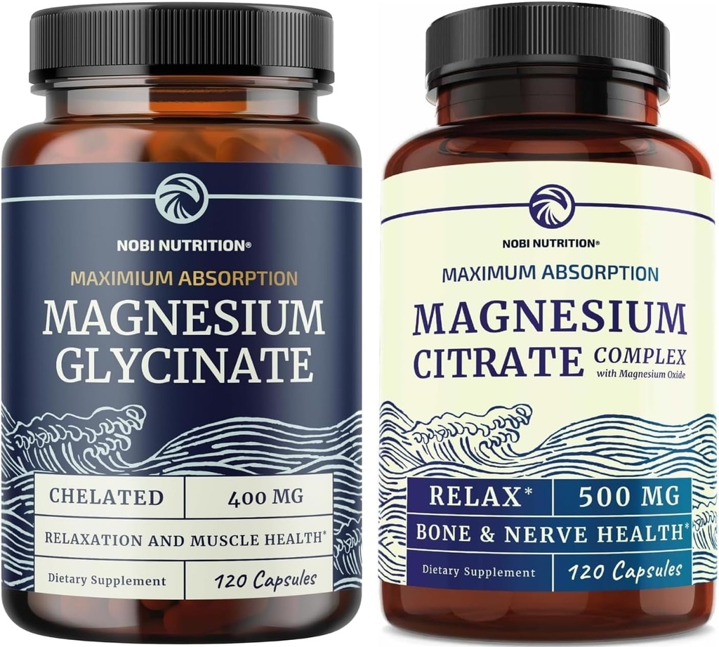 Magnesium Glycinate 400mg (120ct) & Magnesium Citrate 500 MG (120ct) | High Absorption, Calm, Relaxation, Digestion & Muscle Support | Non-GMO Magnesium Complex Bundle