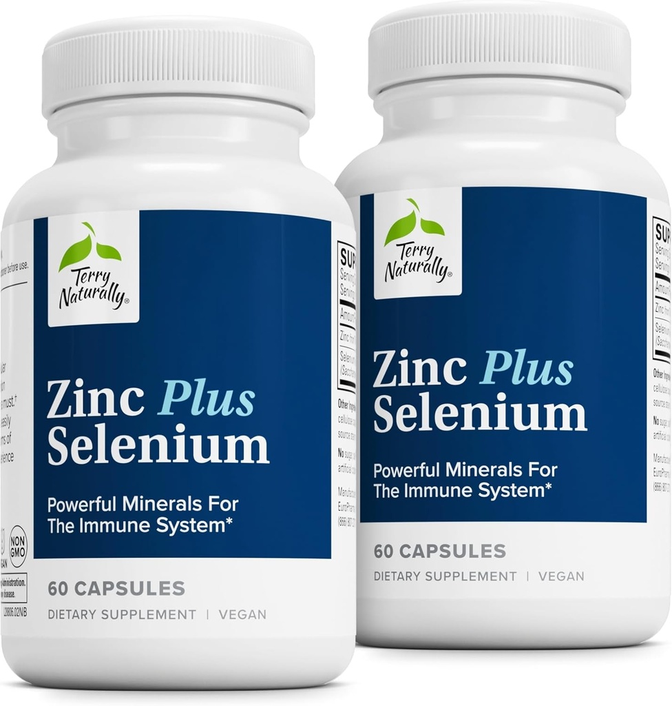 Terry Naturally Zinc Plus Sélénium - Supplément santé immunitaire et respiratoire - Supplément minéral avec chélate de bisglycinate de zinc - Formule avec sélénium pour le soutien de la santé cellulaire - 60 capsules