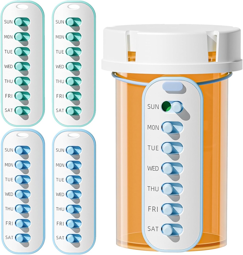 Odaro 4 Pack Pill Reminder, Lanyad ou Sticker Pill Tracker, travailler avec la plupart des bouteilles, Remplacement des médicaments réutilisables de la vitamine hebdomadaire (7 jours) Organisateur de médicaments