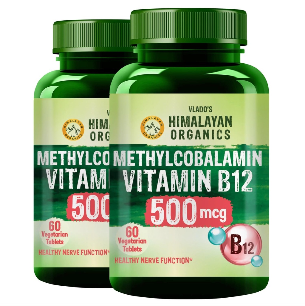 Vlado's Himalayan Organics Vitamin B12 Tablets 500 mcg - Active form of Methylcobalamin Vitamin B12 Supplements for Men & Women (Pack of 2) - 120 Veg Tablets