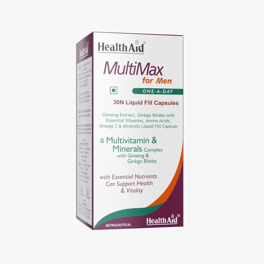 HealthAid MultiMax for Men with Ginseng, Zinc, 12 Vitamins & 8 Minerals | Multivitamin Supplement for Daily Energy, Stamina & Immunity Support | 30 Vegetarian Liquid-Filled Capsules