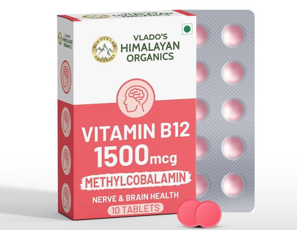 Vlado's Himalayan Organics Methylcobalamin Vitamin B12 1500mcg Supplement for Men & Women -10 Tablets (1 Strip)