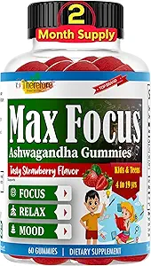 Therefore Max Focus Ashwagandha Calm & Focus Gummies for Kids & Teens, Support Calm Mood, Relaxation, Anti Stress, Memory, Energy, Relaxation, Low Sugar Vegan, Fruity Flavored- 60 Gummies