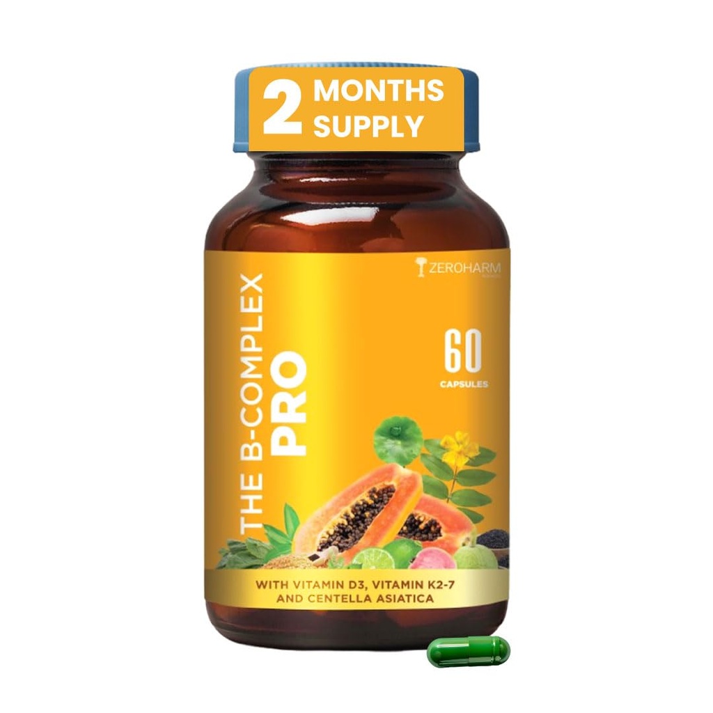 Zeroharm B-Complex Pro with Vitamin D3 & K2-7 | Vitamin B-Complex With B1, B2, B3, B5, B6, B9 & Vit B12 | Plant-Based Supplement | Supports Energy & Immunity For Men and Women | 60 Veg Capsules