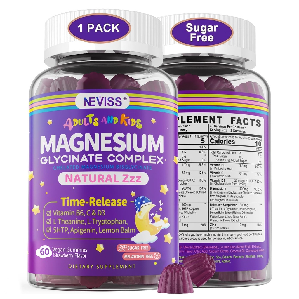 Glycinat de magnésium pour les adultes et les enfants 4+, supplément de bisglycinate de magnésium sans sucre 400/200mg avec B6D3, 5HTP, L-Theanine pour le sommeil et la relaxation, Cerveau, Muscle, Gummies sans mélatonine, 1Pack