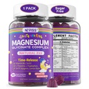 Glycinat de magnésium pour les adultes et les enfants 4+, supplément de bisglycinate de magnésium sans sucre 400/200mg avec B6D3, 5HTP, L-Theanine pour le sommeil et la relaxation, Cerveau, Muscle, Gummies sans mélatonine, 1Pack