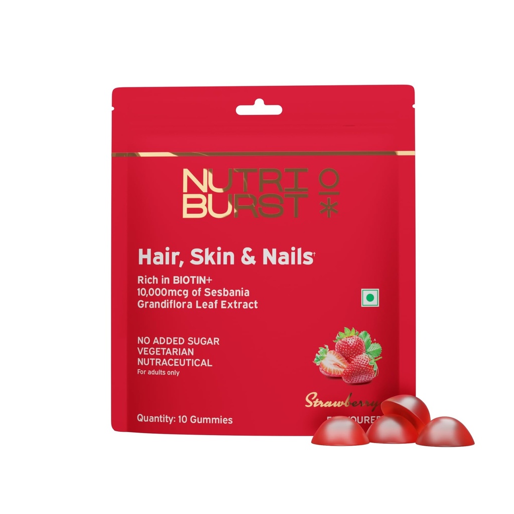 Nutriburst Biotin Gummies for Healthy Hair, Skin & Nails Growth | With High Potency 10000 mcg of Sesbania Extract Natural Biotin,Folic Acid & Multivitamins, No-Added Sugar, Strawberry Flavor | 10 Gummies
