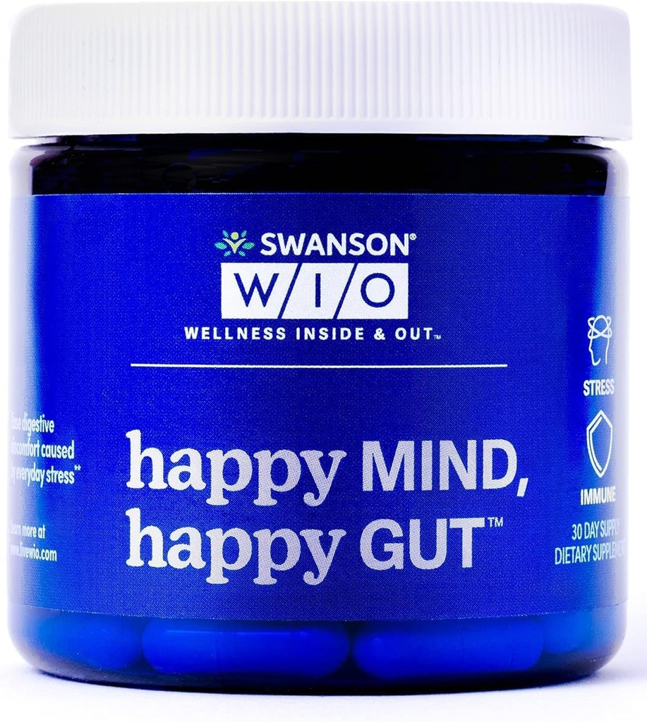 Swanson WIO Happy Mind, Happy Gut Stress Support, Digestive Support, Probiotiques Promouvoir Gut Microflora, Mieux, Cognitive Health, Wellness, 30 Capsules de Veggie (30 jours d'approvisionnement)