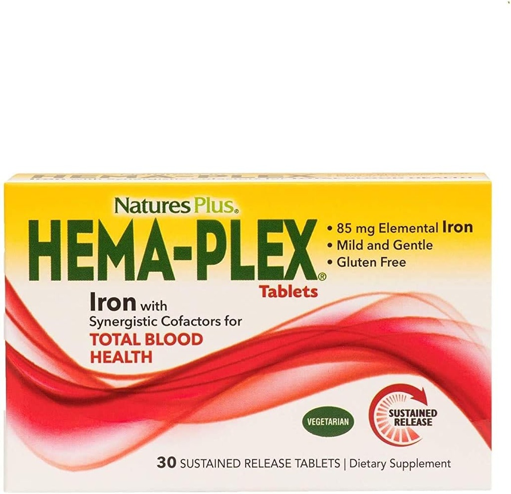 NaturesPlus Hema-Plex Fer - 30 comprimés à libération lente, boîte de 3 - Santé totale du sang - 85 mg Fer chélaté - avec vitamine C et bioflavonoïdes - Sans OGM, végétalien et sans gluten - 90 portions totales