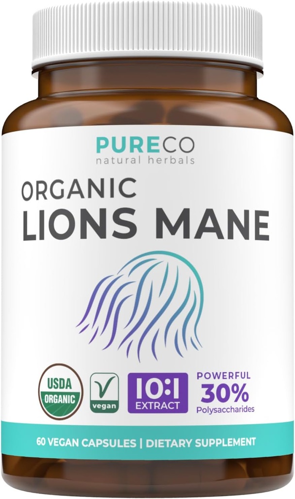Capsules de complément biologique de la Mane de Lions - USDA Capsules de complément biologique de champignons avec 1000mg La Mane de Lions 10:1 Extrait par portion avec 30% Polysaccharides - Vegan & Non-GMO (1 mois d'approvisionnement)