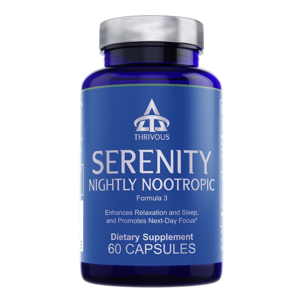 Sérénité thrive Nootrope nocturne – Formule sommeil et relaxation avec KSM-66 Ashwagandha, L-Theanine, Magnésium Glycinate et Melatonine – 60 Capsules Vegan