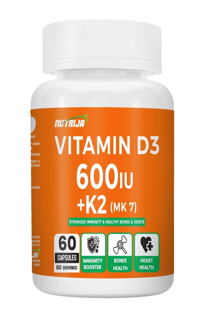 NutriJa Vitamin D3 600IU + K2 55mcg as MK7 Supplement 60 capsules - Stronger Immunity, Supports Bones, Joints & Heart Health