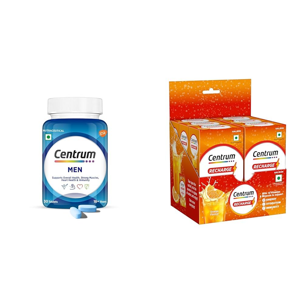 Centrum Men Tablet, World'S No.1 Multivitamin With Grape Seed Extract, Vitamin C & 21 Other Nutrie | Centrum Recharge: Tasty Orange Flavoured Powder Drink Mix | No Added Sugar| Instant Energy & Hydra