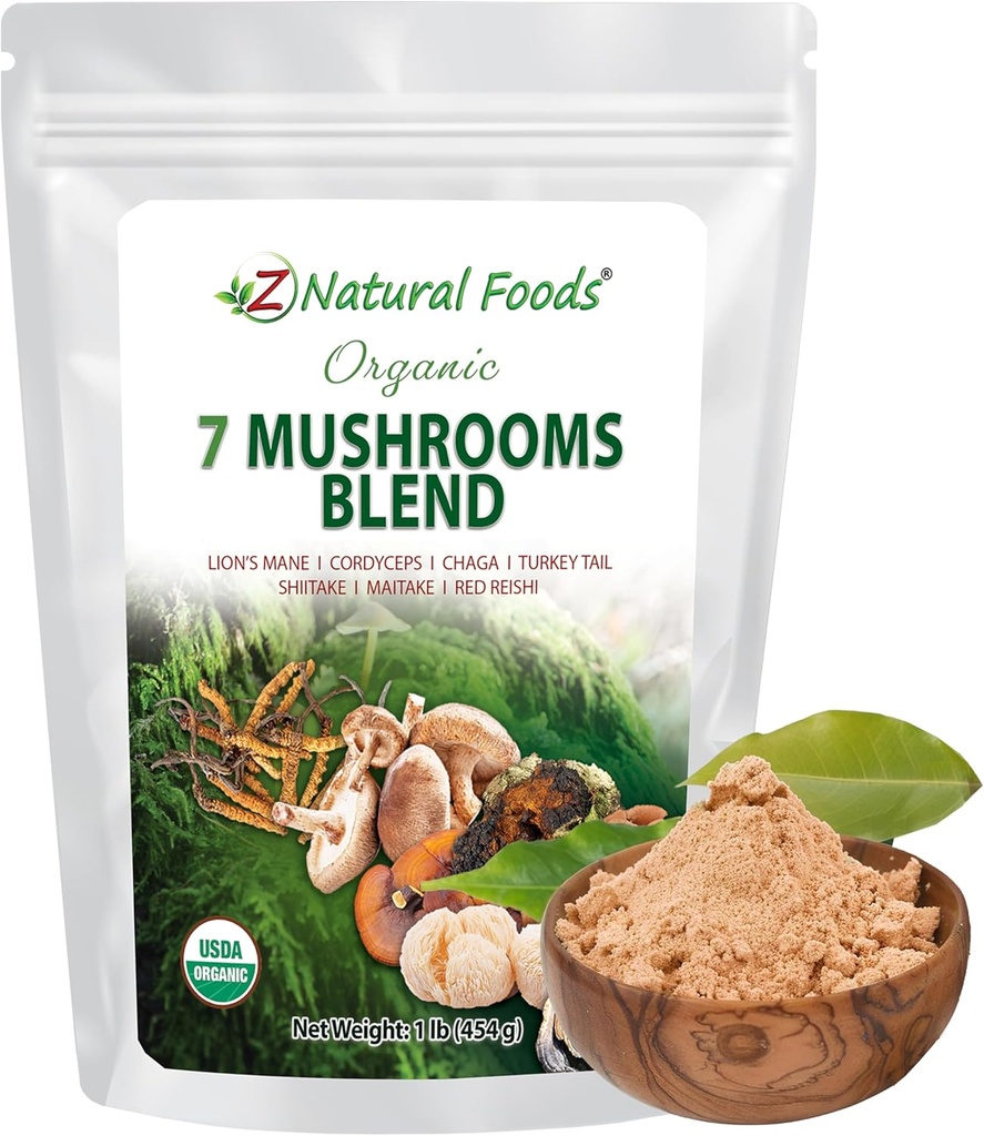 Z Aliments naturels Biologique 7 Mélanges de champignons sacrés - Poudre de champignons pour la santé immunitaire - Lion, Cordyceps, Chaga, Red Reishi, Shiitake, Maitake et Turquie Extrait de queue pour café, smoothies, 1 lb