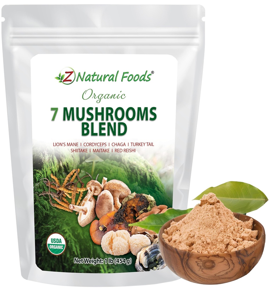Z Natural Foods Organic 7 Sacred Mushrooms Blend - Lion’s Mane, Cordyceps, Chaga, Red Reishi, Shiitake, Maitake - Organic Mushroom Powder for Coffee, Smoothies, 1 lb