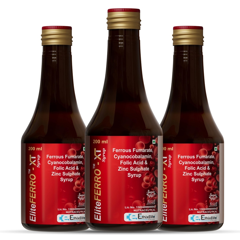EliteFERRO-XT Syrup 200ml, Pack of 3 | Iron Supplement with Ferrous Fumarate, Folic Acid, Vitamin B12 & Zinc | Sugar Free Nutraceutical Syrup | Daily Nutritional Support for Adults