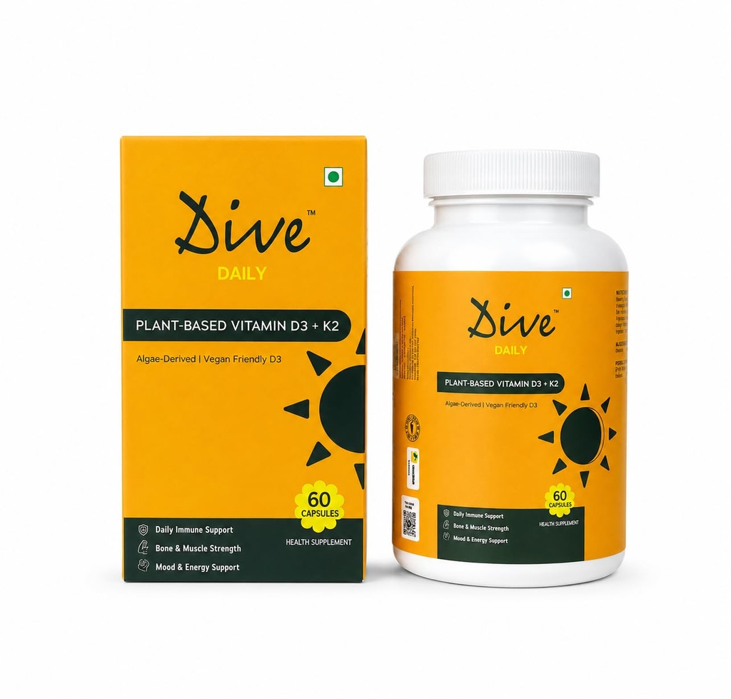 Dive Daily Plant-Based Vitamin D3 + K2 Capsules | 600 IU (15mcg) Vitamin D3 + 55mcg K2-7 MK7 | Vitashine Vegan D3 from Lichen | Supports Bone Health, Calcium Absorption, Immunity & Muscle Strength | 60 Capsules for Men & Women