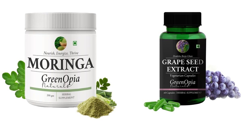 Moringa-oleifera-powder, Grape-seed-extract-60-vegetarian-capsules Combo | Convenient Nutrition & Wellness Routine | Multi-Product Pack