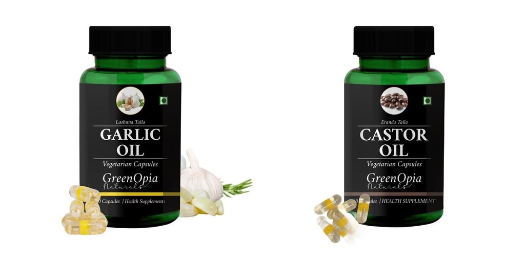 Garlic-oil-vegetarian-capsules, Castor-oil-vegetarian-capsules Combo | Convenient Nutrition & Wellness Routine | Multi-Product Pack