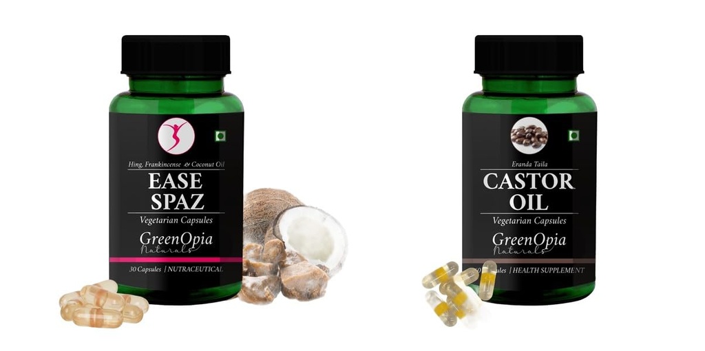 Ease-spaz-vegetarian-capsules, Castor-oil-vegetarian-capsules Combo | Convenient Nutrition & Wellness Routine | Multi-Product Pack