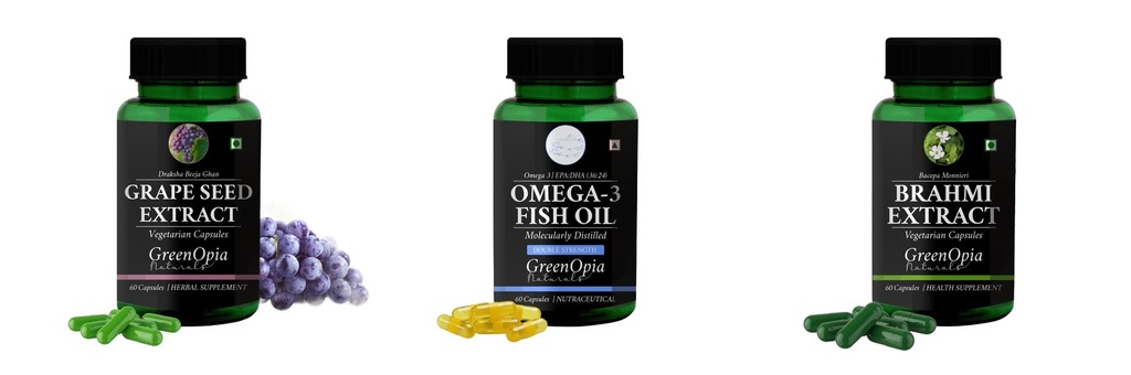 Grape-seed-extract-60-vegetarian-capsules, Fish-oil-double-strength, Brahmi-vegetarian-capsules Combo | Convenient Nutrition & Wellness Routine | Multi-Product Pack