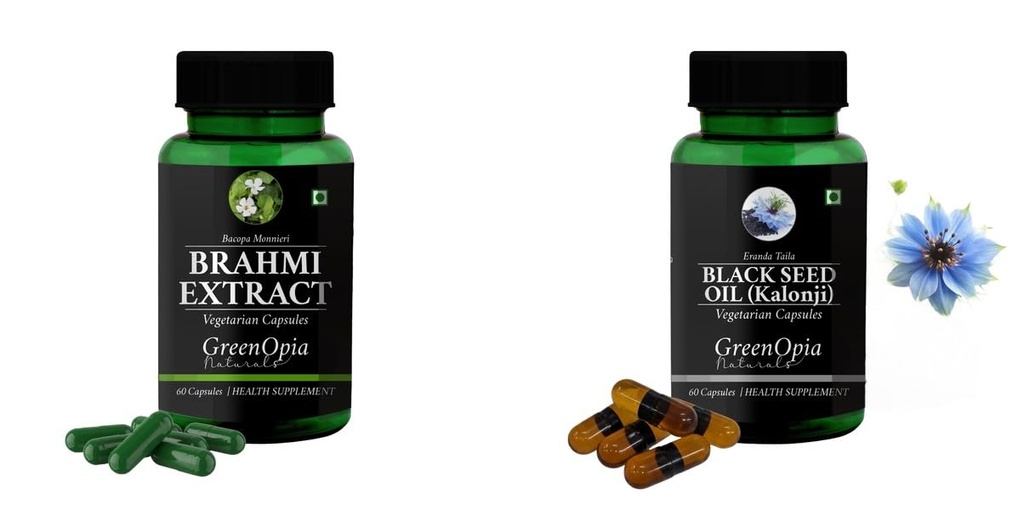 Brahmi-vegetarian-capsules, Black-seed-oil-capsules Combo | Convenient Nutrition & Wellness Routine | Multi-Product Pack