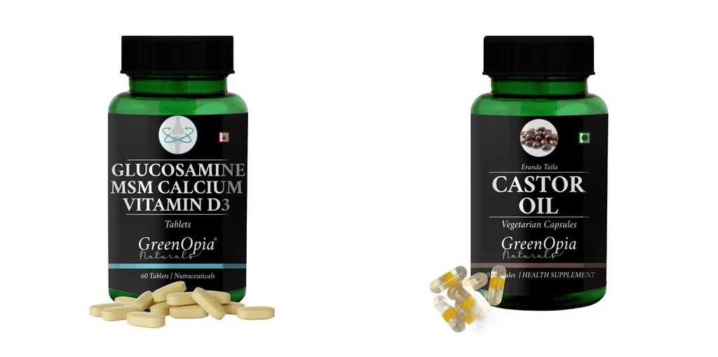 Glucosamine-msm-tablets, Castor-oil-vegetarian-capsules Combo | Convenient Nutrition & Wellness Routine | Multi-Product Pack