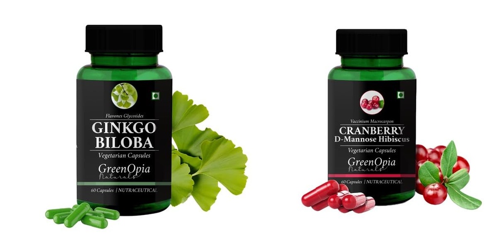 Ginkgo-biloba-vegetarian-capsules, Cranberry-d-mannose-hibiscus-capsules Combo | Convenient Nutrition & Wellness Routine | Multi-Product Pack