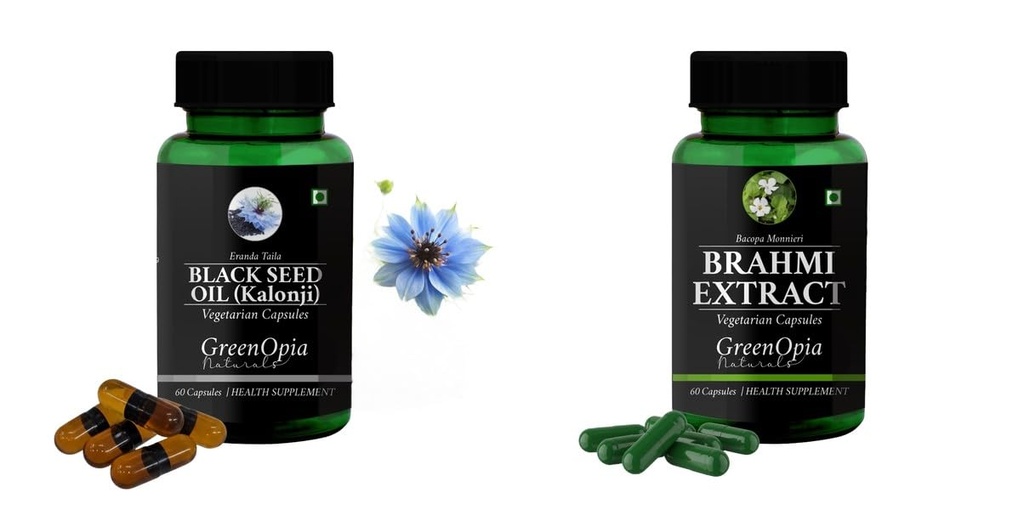 Black-seed-oil-capsules, Brahmi-vegetarian-capsules Combo | Convenient Nutrition & Wellness Routine | Multi-Product Pack