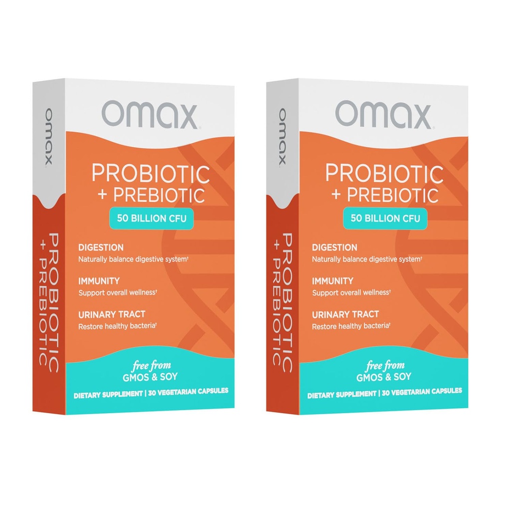 Omax3 Prébiotique et probiotique 50 milliards CFU + Inuline de chicorée, 10 souches, réduire le bloom, la digestion, SIBO, Gut de fuite, pH vaginal, Acidophilus, Végétalien, Sans produits laitiers, Sans gluten, Plaquette emballée (2 paquets)