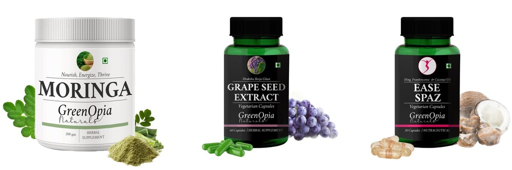 Moringa-oleifera-powder, Grape-seed-extract-60-vegetarian-capsules, Ease-spaz-vegetarian-capsules Combo | Convenient Nutrition & Wellness Routine | Multi-Product Pack