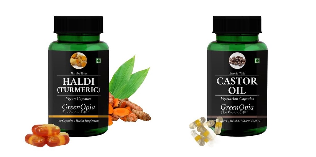Haldi-oil-vegetarian-capsules, Castor-oil-vegetarian-capsules Combo | Convenient Nutrition & Wellness Routine | Multi-Product Pack