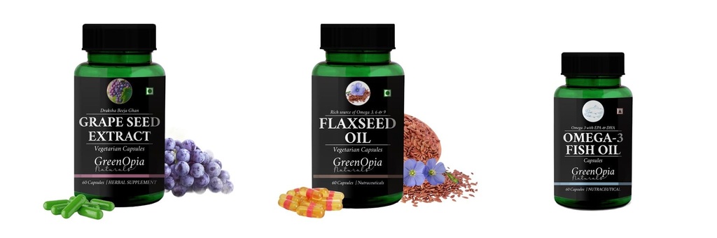 Grape-seed-extract-60-vegetarian-capsules, Flax-seed-oil-vegetarian-capsules, Fish-oil-capsules Combo | Convenient Nutrition & Wellness Routine | Multi-Product Pack