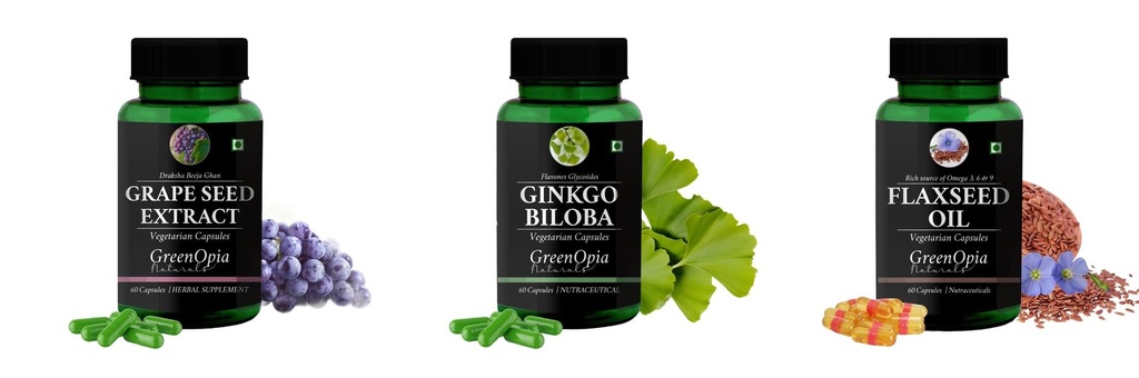 Grape-seed-extract-60-vegetarian-capsules, Ginkgo-biloba-vegetarian-capsules, Flax-seed-oil-vegetarian-capsules Combo | Convenient Nutrition & Wellness Routine | Multi-Produ