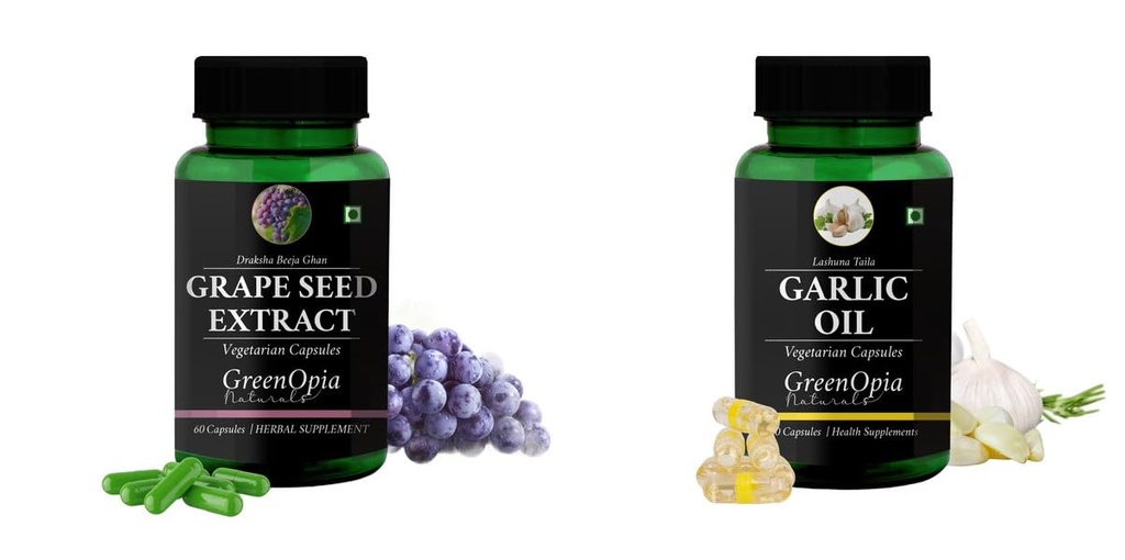 Grape-seed-extract-60-vegetarian-capsules, Garlic-oil-vegetarian-capsules Combo | Convenient Nutrition & Wellness Routine | Multi-Product Pack