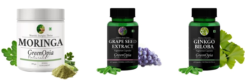 Moringa-oleifera-powder, Grape-seed-extract-60-vegetarian-capsules, Ginkgo-biloba-vegetarian-capsules Combo | Convenient Nutrition & Wellness Routine | Multi-Product Pack