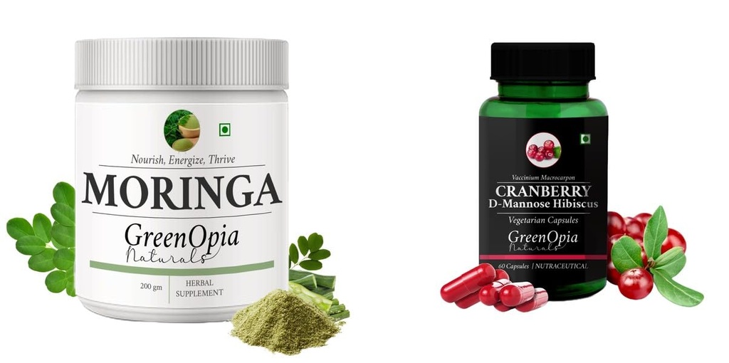 Moringa-oleifera-powder, Cranberry-d-mannose-hibiscus-capsules Combo | Convenient Nutrition & Wellness Routine | Multi-Product Pack