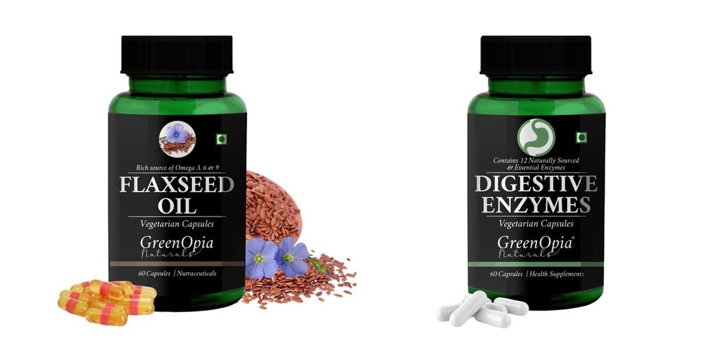 Flax-seed-oil-vegetarian-capsules, Digestive-enzymes-60-vegetarian-capsules Combo | Convenient Nutrition & Wellness Routine | Multi-Product Pack