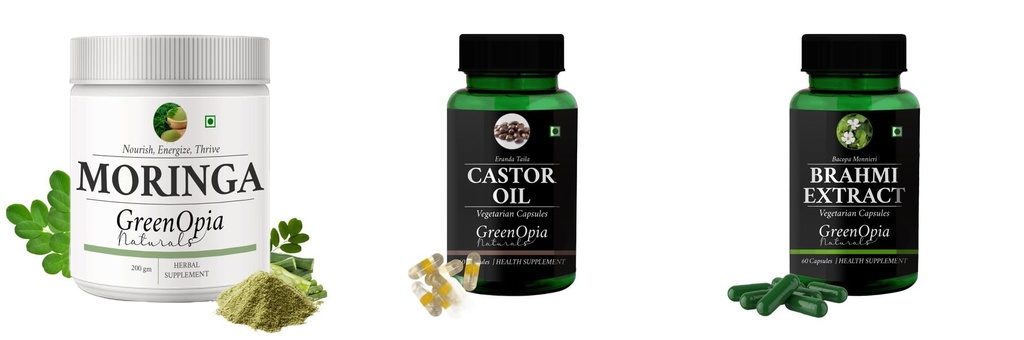 Moringa-oleifera-powder, Castor-oil-vegetarian-capsules, Brahmi-vegetarian-capsules Combo | Convenient Nutrition & Wellness Routine | Multi-Product Pack