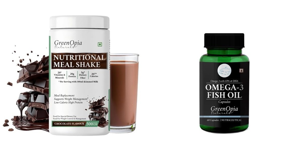 Nutritional-meal-shake-chocolate, Fish-oil-capsules Combo | Convenient Nutrition & Wellness Routine | Multi-Product Pack