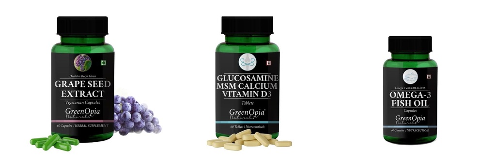 Grape-seed-extract-60-vegetarian-capsules, Glucosamine-msm-tablets, Fish-oil-capsules Combo | Convenient Nutrition & Wellness Routine | Multi-Product Pack