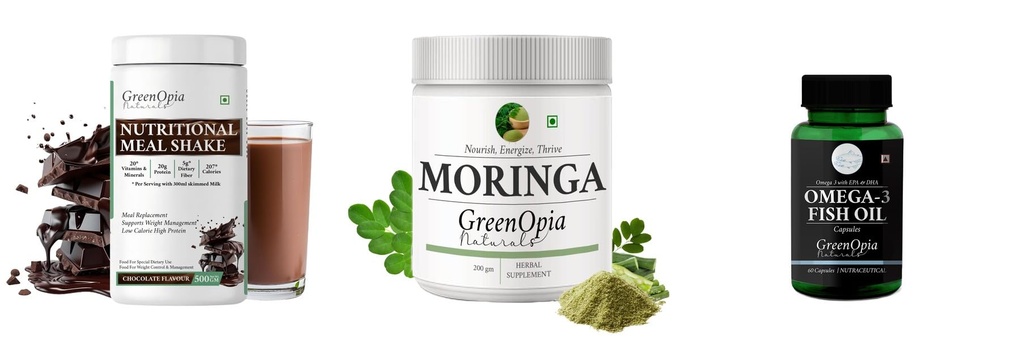 Nutritional-meal-shake-chocolate, Moringa-oleifera-powder, Fish-oil-capsules Combo | Convenient Nutrition & Wellness Routine | Multi-Product Pack