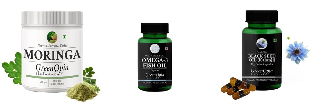 Moringa-oleifera-powder, Fish-oil-capsules, Black-seed-oil-capsules Combo | Convenient Nutrition & Wellness Routine | Multi-Product Pack