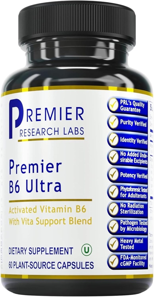 Premier Laboratoires de recherche Premier B6 Ultra- P5P Vitamine B6, Pyridoxal 5 Phosphate B6 Supplément de vitamines, 50mg B6 par capsule, forme active pour le métabolisme de l'énergie, et la fonction cérébrale - 60 Capsules végétariennes