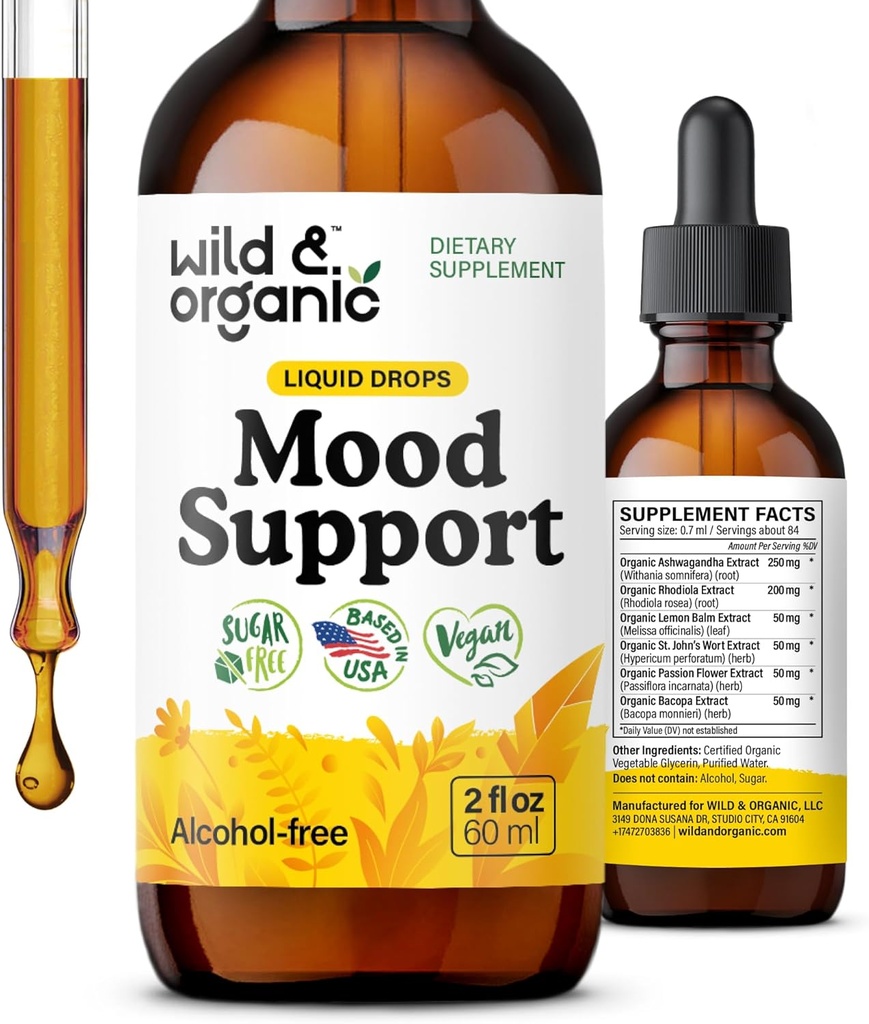 Drops de soutien d'humeur sauvage et biologique - Bon compléments d'humeur avec racine Ashwagandha & Rhodiola Rosea - Drops liquides naturels pour une énergie positive - Suppléments calmants et relaxants pour les femmes et les hommes - 2 oz